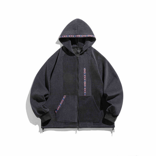 Unisex Oversize Kapuzen-Zipjacke aus geripptem French‑Terry mit Zierband Nord Taschen