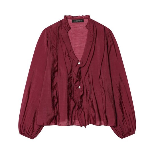 Damen Leichte Chiffon-Bluse mit Volantknopfleiste und Ballonärmeln Nord Taschen