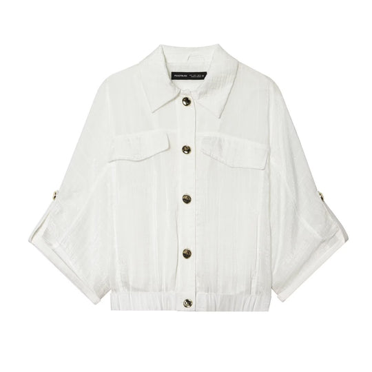 Damen Cropped-Hemdenbluse mit Fledermausärmeln, Brusttaschen und elastischem Taillenbund Nord Taschen
