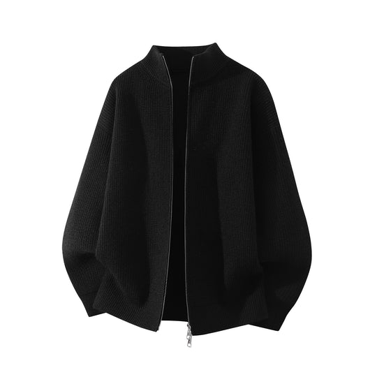 Herren Oversize Grobstrick-Zipcardigan mit Stehkragen und Zwei-Wege-Reißverschluss Nord Taschen
