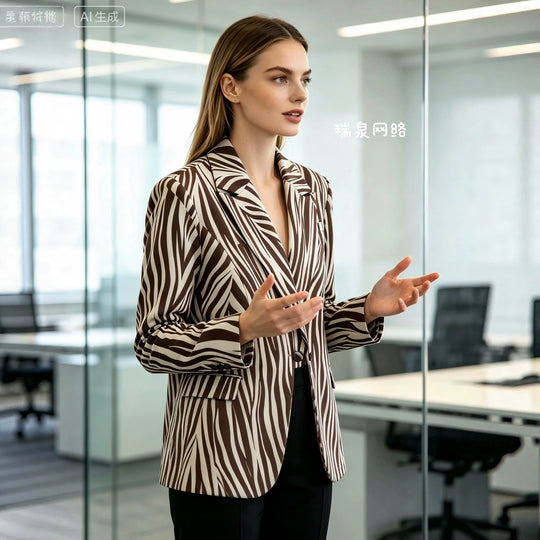 Damen Taillierter Zebra-Print Blazer mit Reverskragen und Pattentaschen Nord Taschen