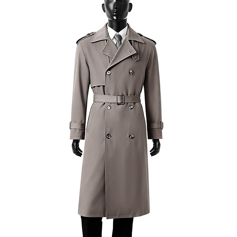 Herren Zeitloser Doppelreihiger Trenchcoat mit Taillengürtel, Schulterklappen und Manschettenriemen Nord Taschen