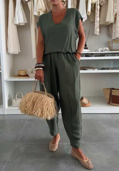 Damen lässiger Jumpsuit mit elastischem Bund und praktischen Taschen