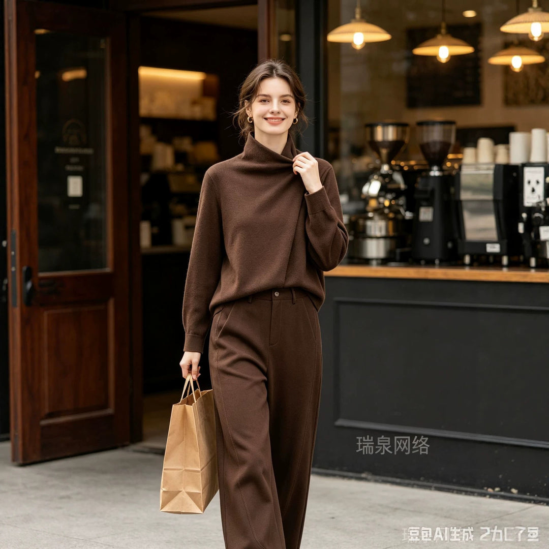 Damen Zweiteiliges Ensemble mit asymmetrischem Rollkragenoberteil und weiter Hochbundhose Nord Taschen