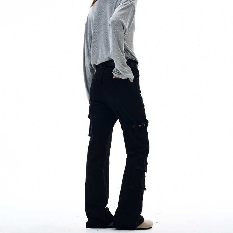 Damen Cargo-Flared-Jeans mit hoher Bundlinie, Utility-Taschen und Beinschnalle Nord Taschen