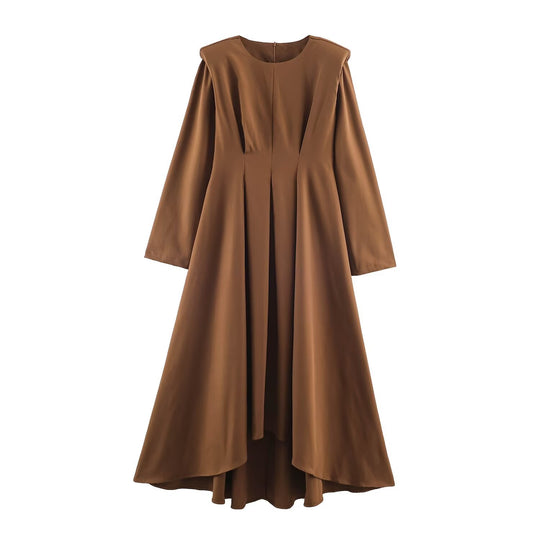Damen A-Linien Midikleid mit High-Low-Saum, geraffter Taille und langen Ärmeln Nord Taschen