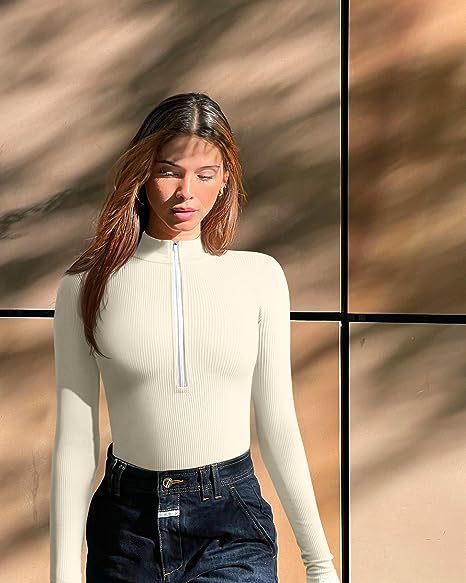 Damen Enganliegendes Rippstrick-Longsleeve mit Halbzip und Stehkragen Nord Taschen