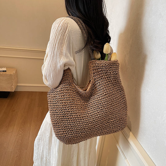 Damen Strandtasche aus handgewebtem Naturmaterial mit gestreiften Griffen Nord Taschen