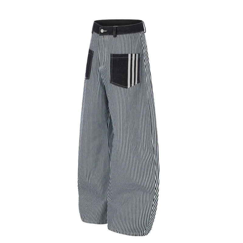 Damen Weite Streifen-Palazzo-Culotte mit hohem Bund, Gürtelschlaufen und aufgesetzten Kontrasttaschen Nord Taschen