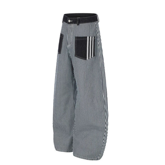 Damen Weite Streifen-Palazzo-Culotte mit hohem Bund, Gürtelschlaufen und aufgesetzten Kontrasttaschen Nord Taschen