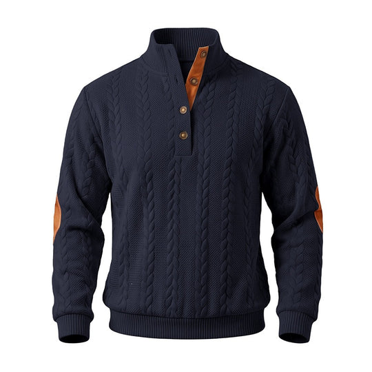 Herren Edler Zopfmuster-Strickpullover mit Kurzknopfleiste und Ellenbogenpatches Nord Taschen