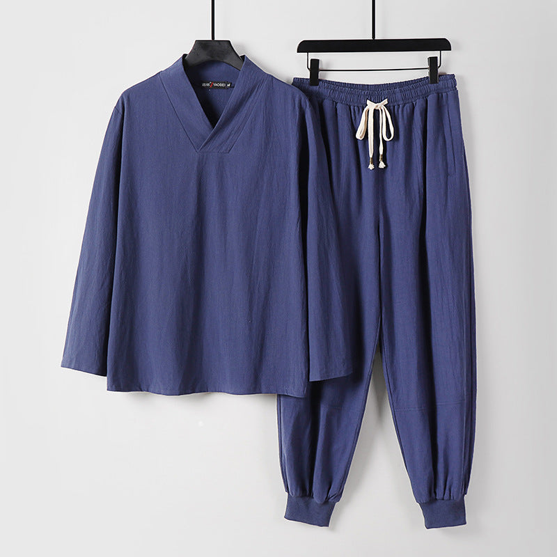 Herren Leichtes Kimono-Loungewear-Set aus Baumwollmix mit V‑Ausschnitt und elastischer Bündchenhose Nord Taschen