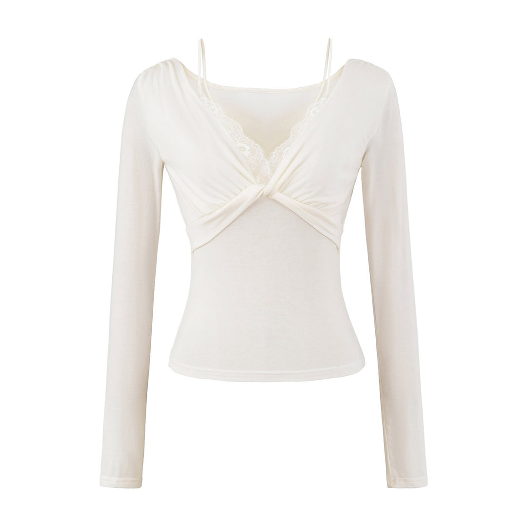 Damen Figurbetontes Langarm-Top mit Twist-Detail, Spitzeneinsatz und V-Ausschnitt Nord Taschen