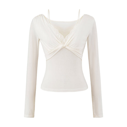 Damen Figurbetontes Langarm-Top mit Twist-Detail, Spitzeneinsatz und V-Ausschnitt Nord Taschen