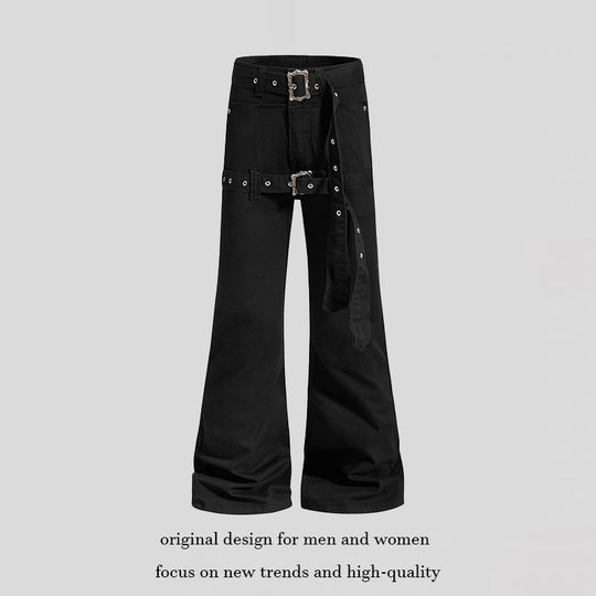 Damen High‑Waist Schlag-Cargohose mit weitem Bein, Doppelgürtel und Metallösen Nord Taschen