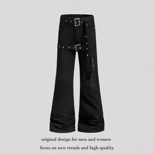 Damen High‑Waist Schlag-Cargohose mit weitem Bein, Doppelgürtel und Metallösen Nord Taschen