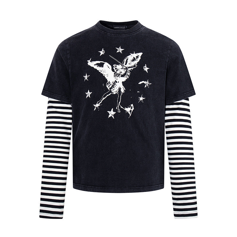 Damen Lagen-Langarmshirt mit gestreiften Unterärmeln und Vintage-Engel-Print Nord Taschen