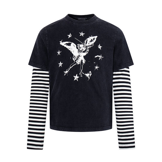 Damen Lagen-Langarmshirt mit gestreiften Unterärmeln und Vintage-Engel-Print Nord Taschen