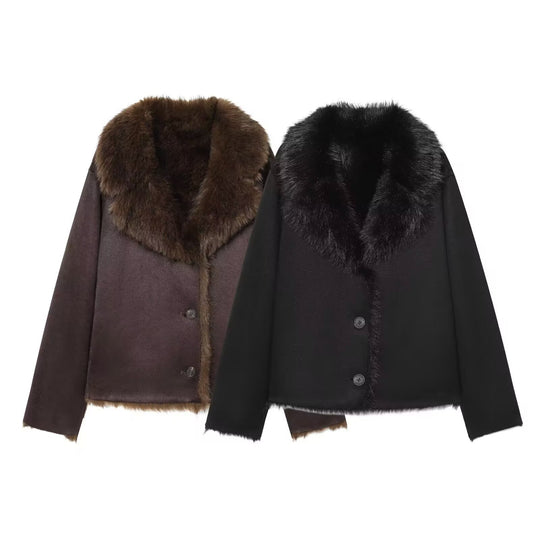Damen Gekürzter Wollmix-Blouson mit voluminösem Kunstfellkragen Nord Taschen