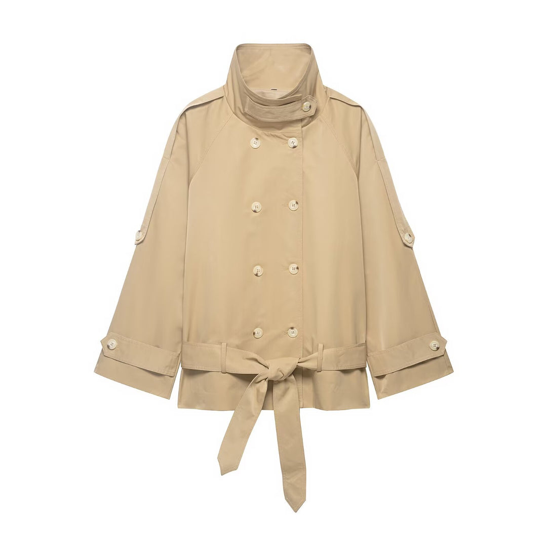 Damen Kurzcape-Trench mit hohem Stehkragen, doppelreihiger Knopfleiste und Bindegürtel Nord Taschen