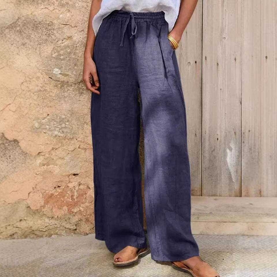Damen Hochgeschnittene Leinenpalazzo-Hose mit Kordelzug und weitem Bein Nord Taschen