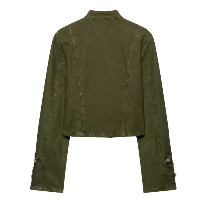 Damen Taillierte Cropped‑Militärjacke mit Zierknopfleiste und Stehkragen Nord Taschen