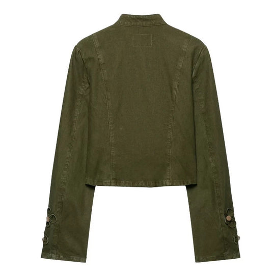 Damen Taillierte Cropped‑Militärjacke mit Zierknopfleiste und Stehkragen Nord Taschen