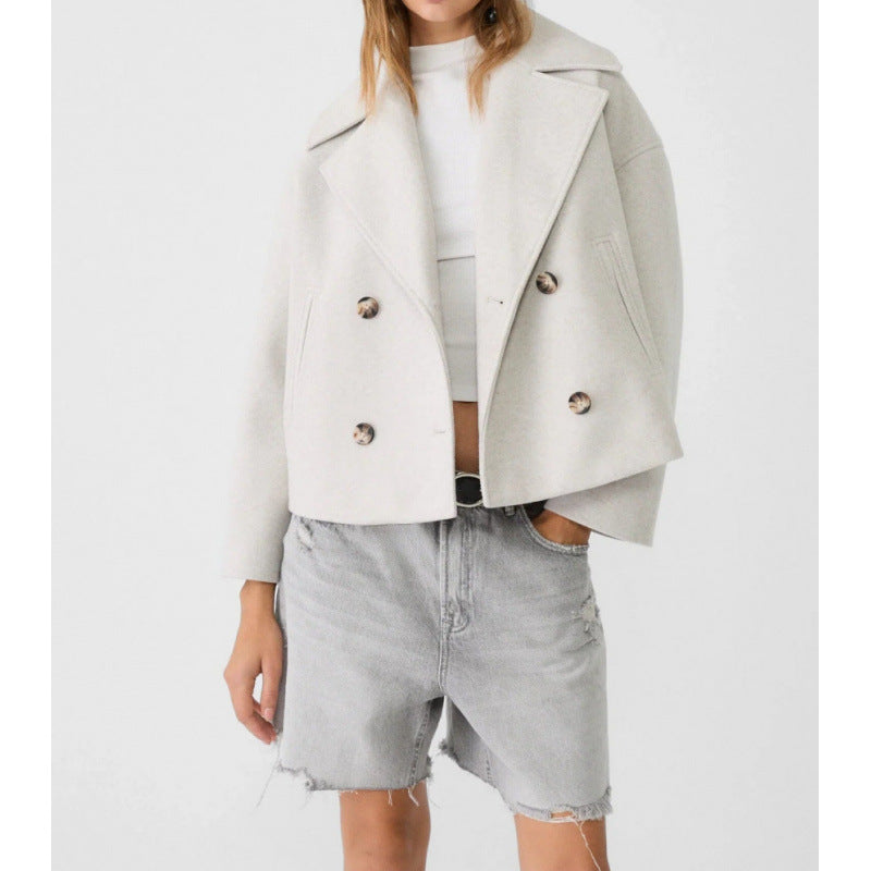 Damen Kurzer Zweireihiger Wollmix-Peacoat mit übergroßem Revers Nord Taschen