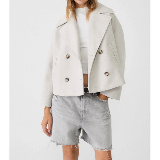 Damen Kurzer Zweireihiger Wollmix-Peacoat mit übergroßem Revers Nord Taschen