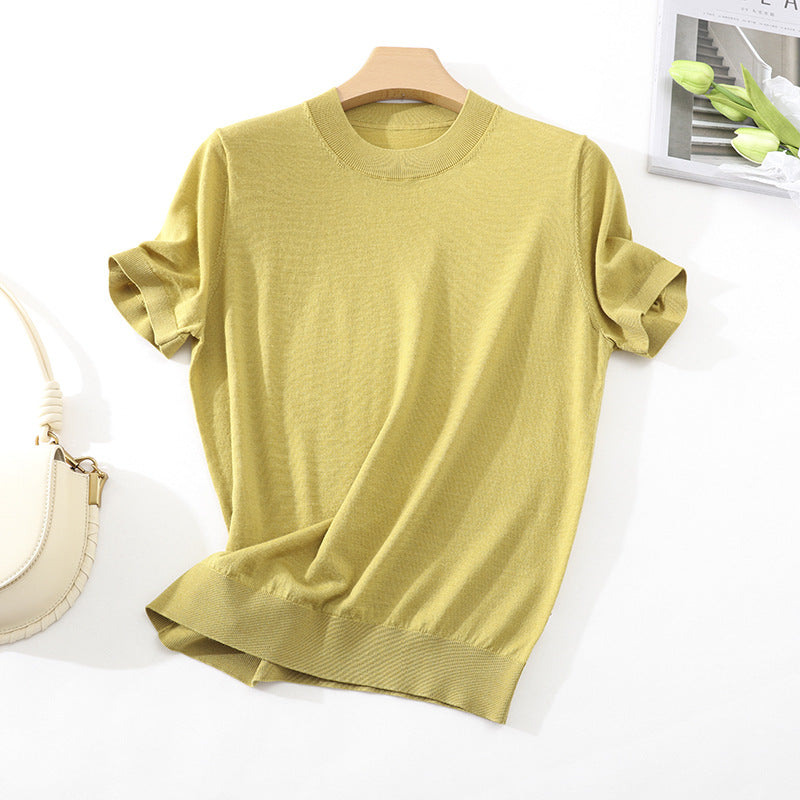 Damen Leichtes Kurzarm-Stricktop aus feinem Jersey mit Rundhals und Saumblende Nord Taschen