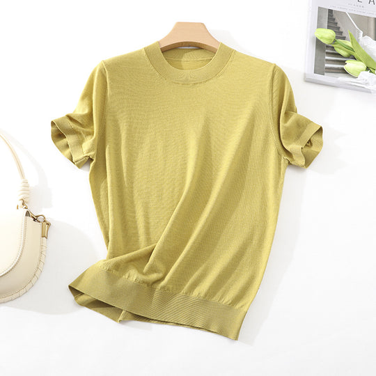 Damen Leichtes Kurzarm-Stricktop aus feinem Jersey mit Rundhals und Saumblende Nord Taschen