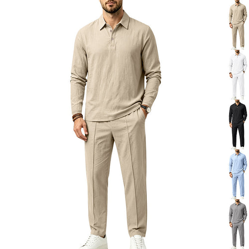 Herren Leichtes Leinen-Lounge-Set mit Henley-Kragen und elastischer Bundhose Nord Taschen