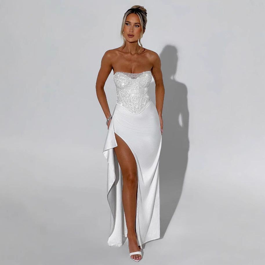 Damen Elegantes Abendkleid mit schimmerndem Oberteil und hohem Schlitz