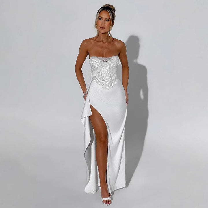 Damen Elegantes Abendkleid mit schimmerndem Oberteil und hohem Schlitz