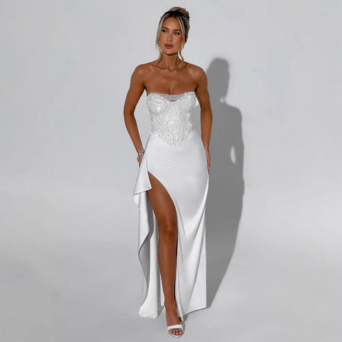 Damen Elegantes Abendkleid mit schimmerndem Oberteil und hohem Schlitz