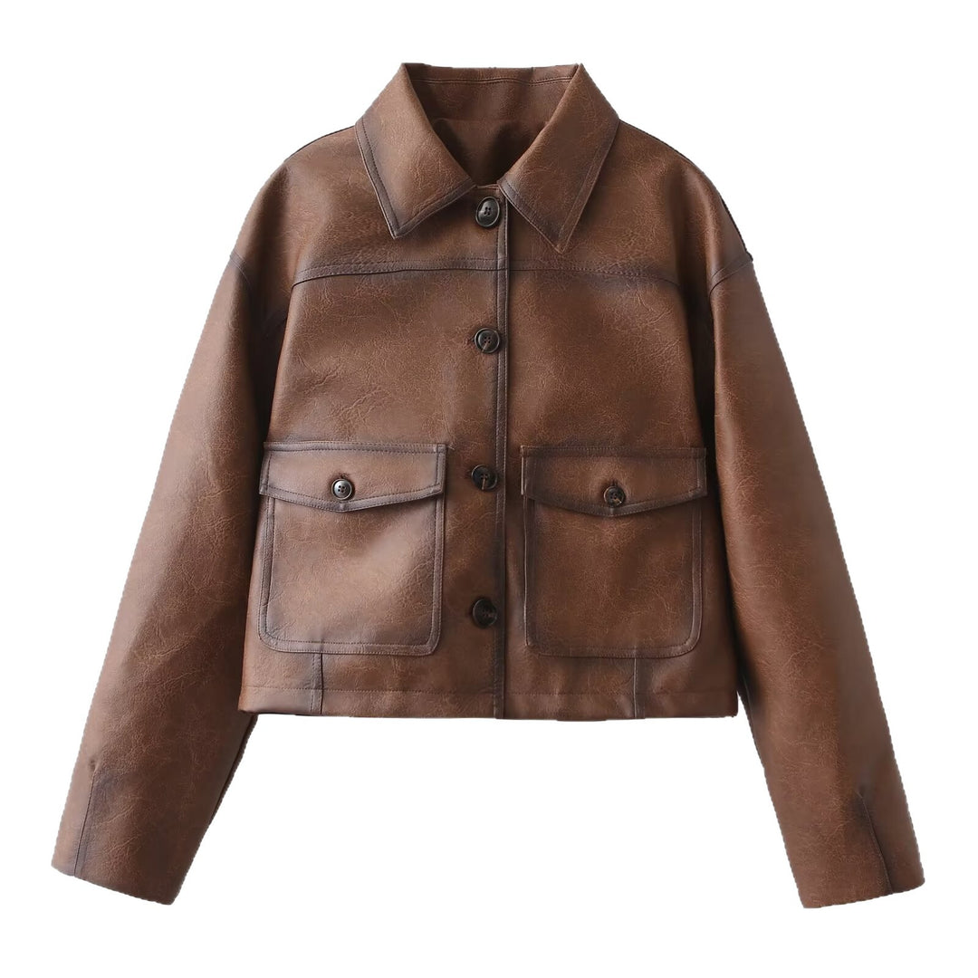 Damen Kurzjacke aus veganer Lederoptik im kastenförmigen Worker Look Nord Taschen