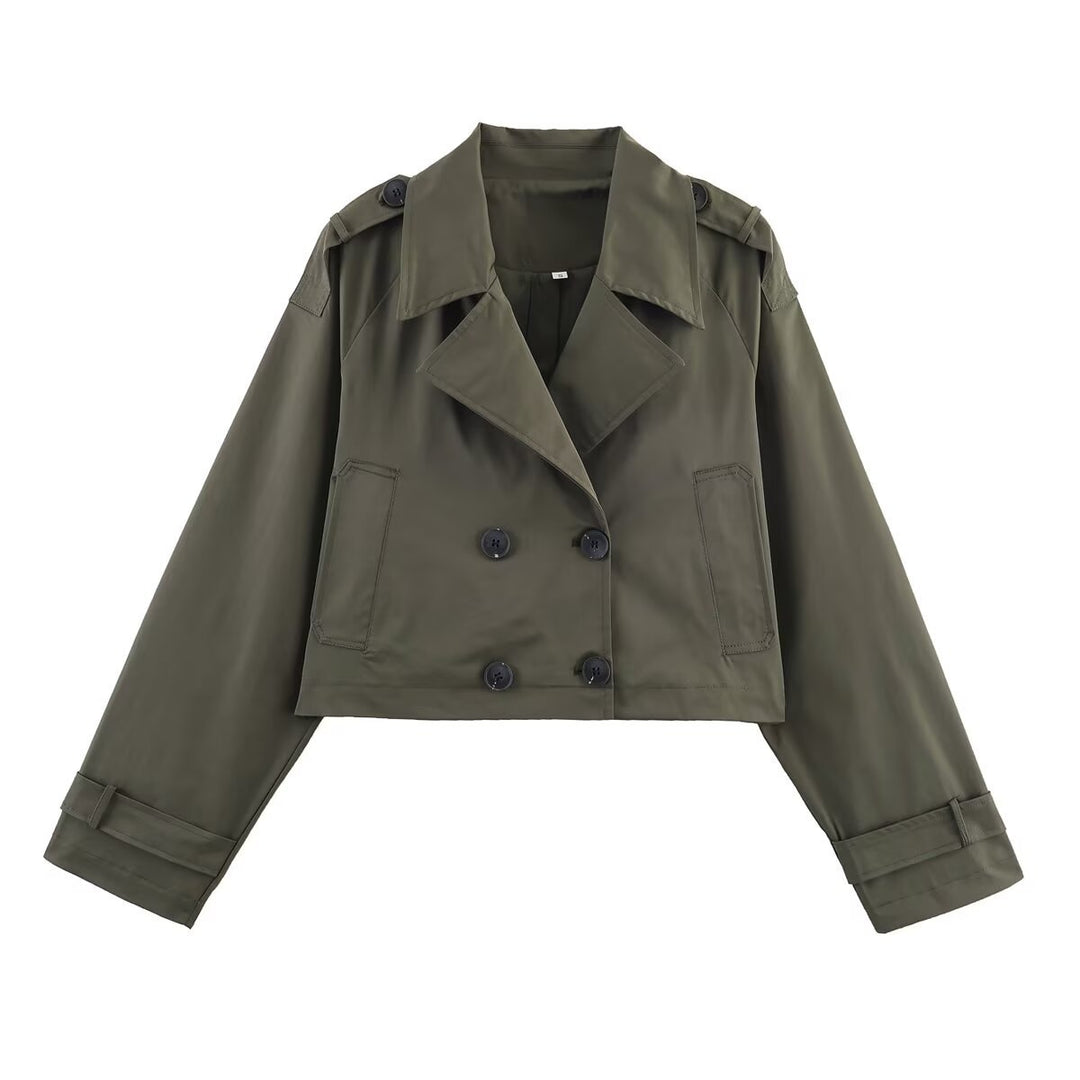 Damen Kurzgeschnittene Trenchjacke im Boxy‑Schnitt mit Doppelreiher und Schulterriegeln Nord Taschen