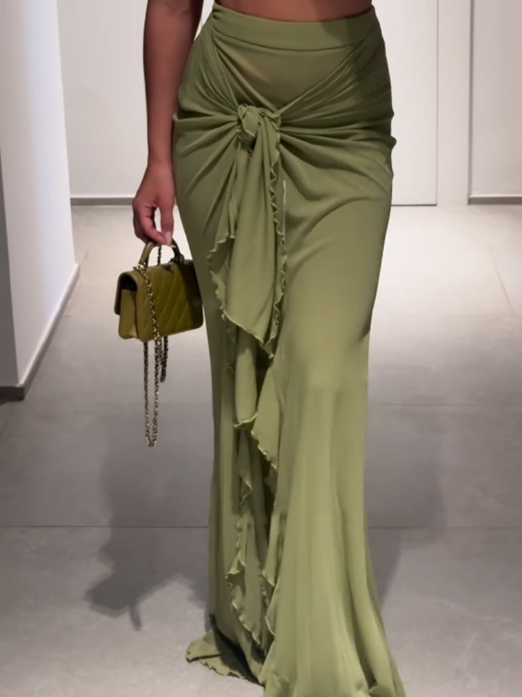 Damen Hochtaillierter Maxi-Rock mit asymmetrischer Raffung, Knotendetail und Volant-Schlitz Nord Taschen