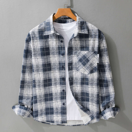 Herren Leichtes kariertes Layering-Overshirt aus Baumwoll‑Leinenmix mit diagonalem Brustpatch Nord Taschen
