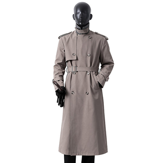 Herren Zeitloser Maxilanger Trenchcoat im Military-Stil mit Sturmklappe und Taillengürtel Nord Taschen