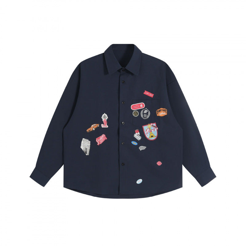 Unisex Oversize-Hemd mit aufgenähten Retro-Patch-Applikationen und kastiger Silhouette Nord Taschen