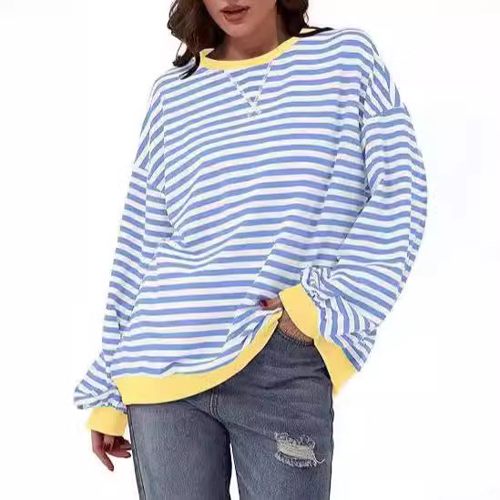 Damen Gestreifter Oversize Pullover mit Kontrastbündchen Nord Taschen