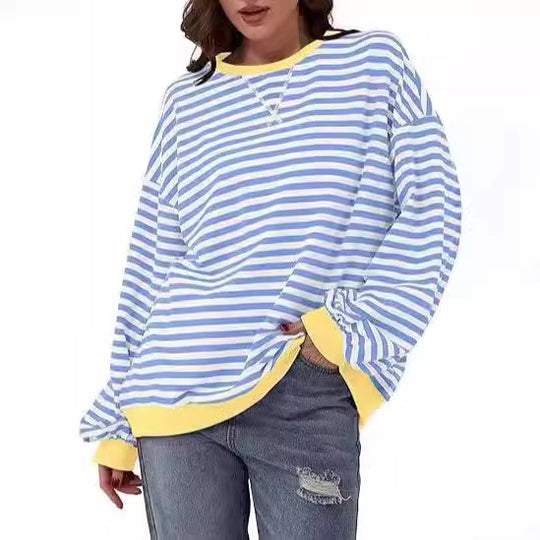 Damen Gestreifter Oversize Pullover mit Kontrastbündchen Nord Taschen