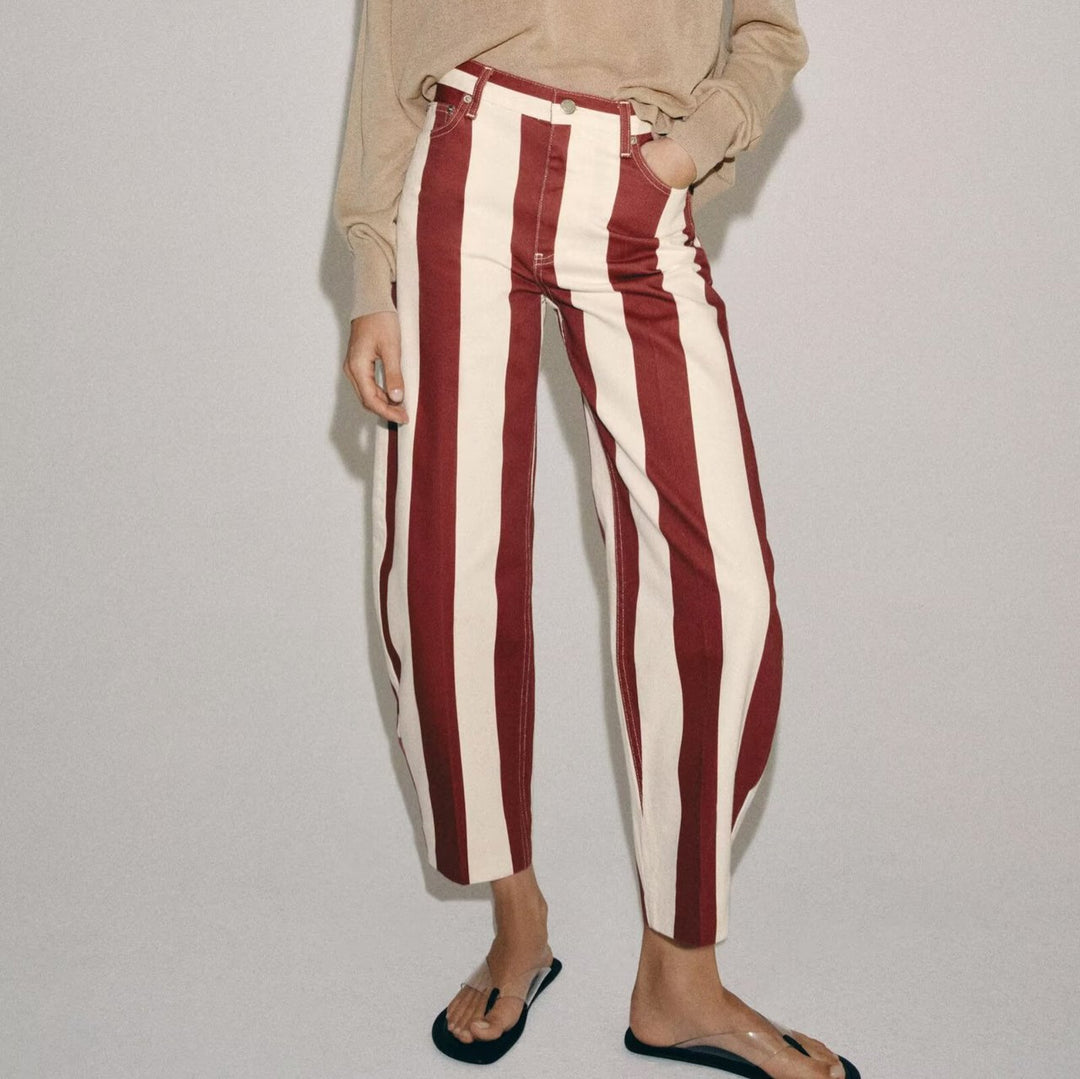 Damen Weite Hose mit hohem Bund, weitem Bein und markantem Streifenmuster Nord Taschen