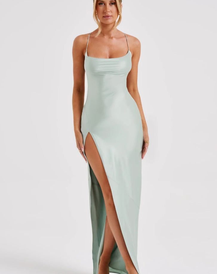 Damen Elegantes Maxikleid mit schmalen Spaghettiträgern und seitlichem Schlitz