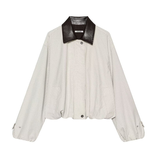 Damen Cropped Blousonjacke im Boxy‑Schnitt mit feinem Karomuster und Kontrast-Kunstlederkragen Nord Taschen
