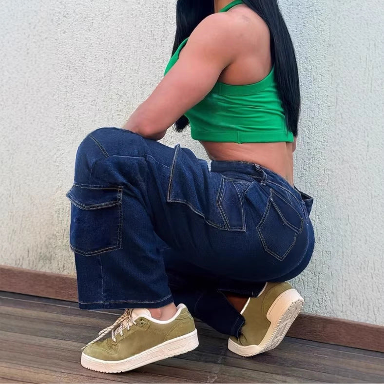 Damen Utility-Cargo-Denimhose mit tiefem Bund, Paneelnähten und funktionalen Taschen Nord Taschen