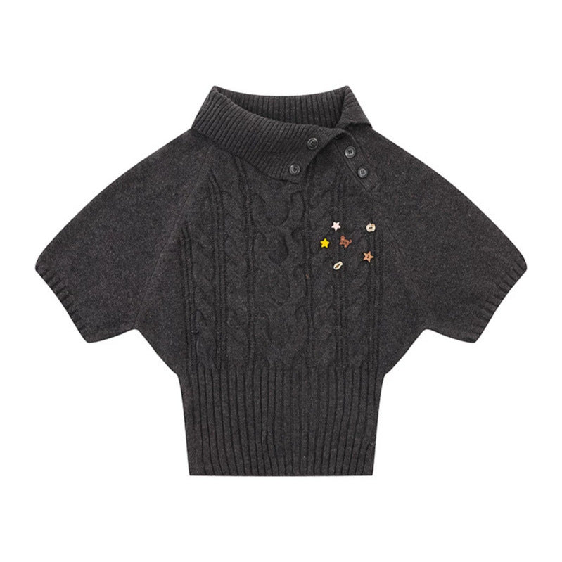 Damen Kurzärmeliges Zopfstrick-Pullover-Top mit Stehkragen und Knopfleiste Nord Taschen