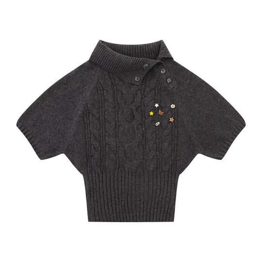 Damen Kurzärmeliges Zopfstrick-Pullover-Top mit Stehkragen und Knopfleiste Nord Taschen