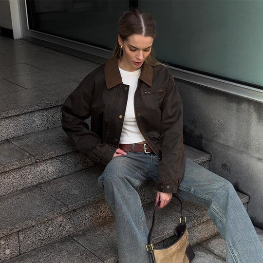 Damen Kurze Stepp-Blousonjacke im Leopardenmuster mit Cordkragen Nord Taschen